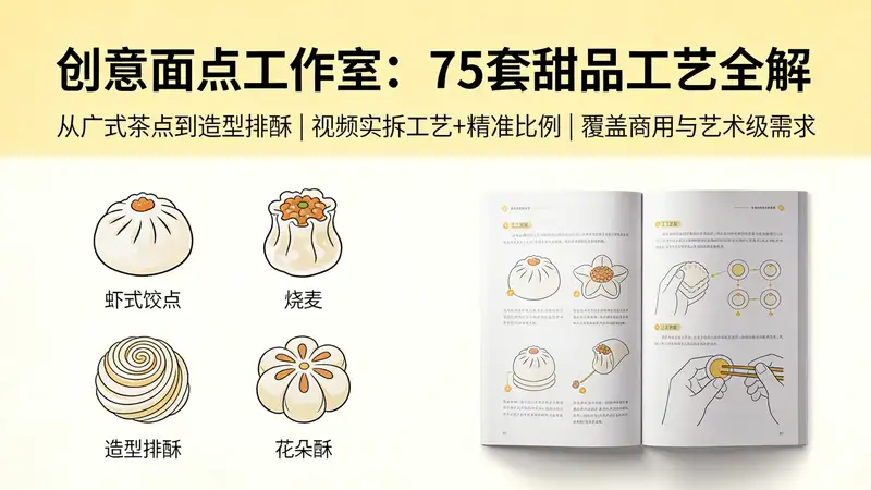 《创意面点工作室：75套甜品工艺全解》 ——从广式茶点到造型排酥｜视频实拆工艺+精准比例｜覆盖商用与艺术级需求